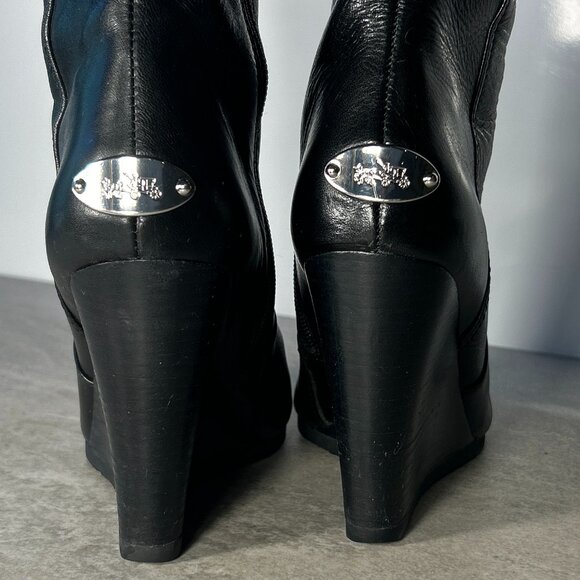 Coach SZ 7 Della Black Leather Wedge Heel Knee High Boot Closet Staple - Picture 8 of 11